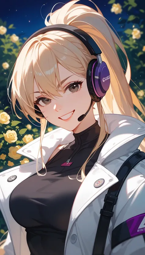  sister model , light yellow, ponytail, in black eyes,White coat, black undershirt,Fierce face,smile,In the garden at night ,, the atmosphere is frightening, pressingA dark-blond haired ,  with a purple gamer headset ,  she will be wearing a comfortable bl...