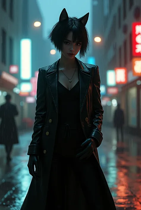 A tomboy girl with black wolfcut hair, using black suit, using black gloves, in a rainy city while pointing his hand in front and the other in the pocket of her black coat