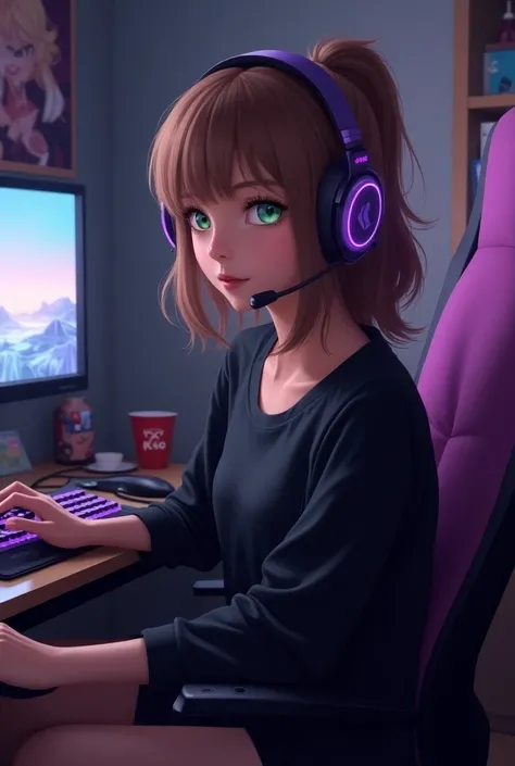 One with light brown hair,  with a purple gamer headset ,  she will be wearing a comfortable black outfit ,  her eyes are light green and she is in her bedroom with the BTS theme 