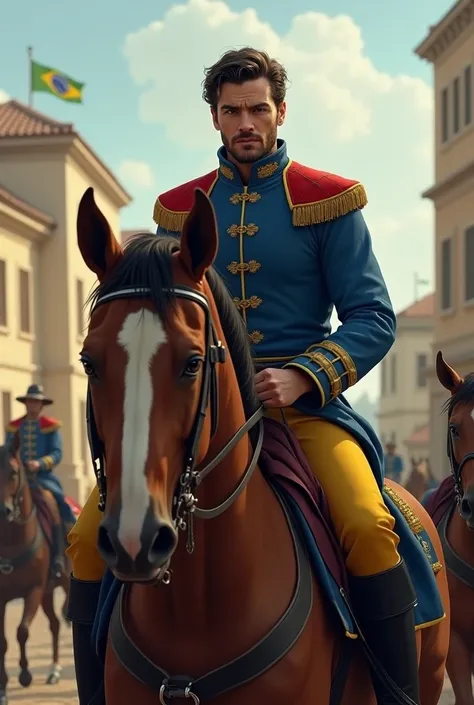 White man 30 years old riding cacavalo clothes blue jacket yellow pants eighteenth century black eyes sad look at the Dragons Helmet of the Independence of Brazil black boots red shoulder pads