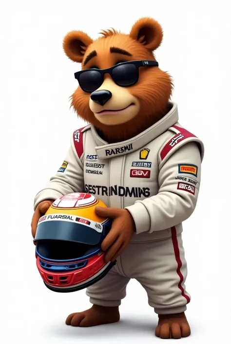 Bear dressed up as a f1 racer cartoon catching his helmet in his hands and looking us with cool attitude dont need any car in the frame in a white bg side angle catching helmet change the face to matured driver with sunglasses on
