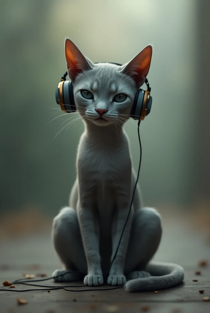 Cat with 
earphone, sitting in quiet place, lonely 