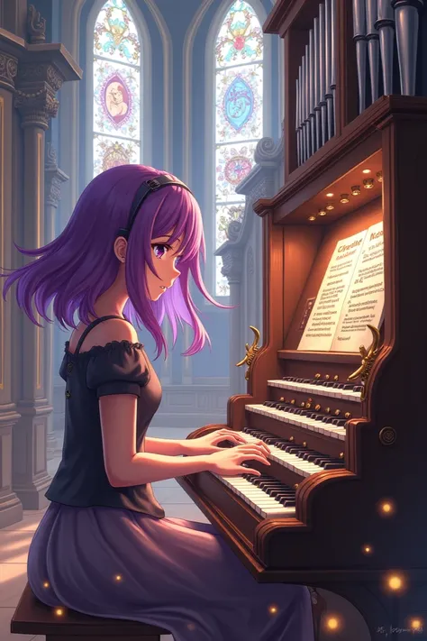 Purple hair anime girl playing organ pipe A bit from the top view