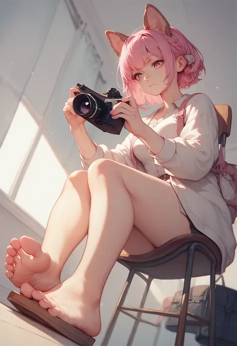 1girl, solo, pink hair, pink eyes, medium breasts, looking down, dog ears, holding shoes, bare feet above camera, musky feet