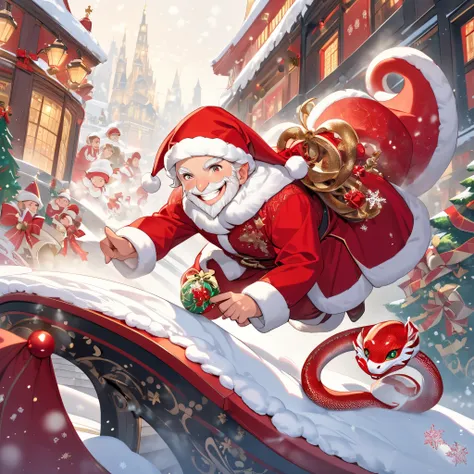 New Years fantasy artwork: Santa Claus, dressed in a regal red fur coat with sparkling details, steps forward on a snowy path. Snowflakes glisten in the frosty air, and a cheerful little snake, curled and ready to strike playfully like a cobra, accompanies...