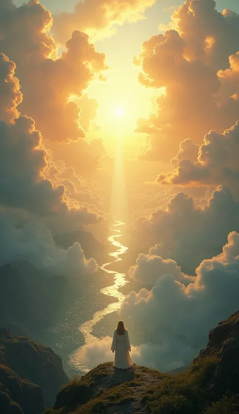  "God looking down at His creation from the heavens, with a radiant and powerful presence. The scene is breathtakingly beautiful, showing a vast and vibrant world below, with oceans, mountains, forests, and cities. The sky is filled with soft, golden light...