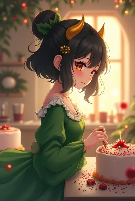 Beautiful card game pictures、anime、Christmas cape 、 pretty girl、Green Dress、 black hair bun short hair、Hair accessories、golden devils horn、profile、Decorating Christmas cakes