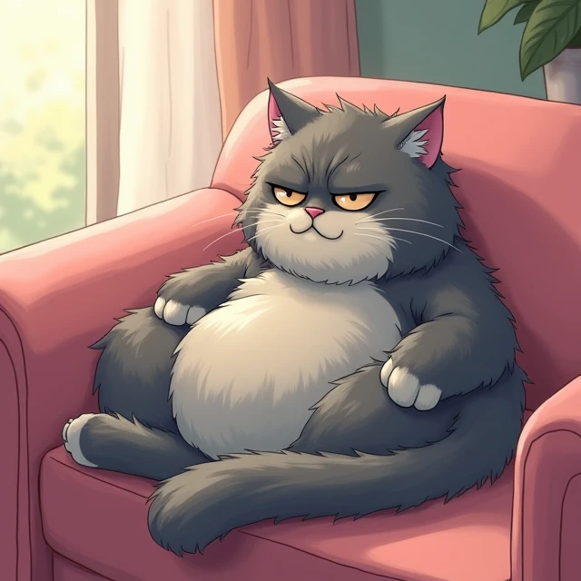 A fuzzy gray manly cat that looks bad even when lying down sluggishly，sofa,（ anime style），（ Pastel Color ），