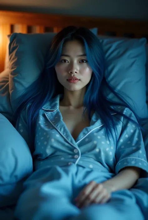 A full body Indonesian face beautiful sweet dazzling long hair straight blue pajama shirt polka-dot blue pajama pants again lying in deep bed on a mattress in the room