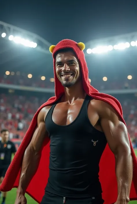 A tall, hot, handsome, muscular young man in his 20s steps out of a mascot costume, revealing his strikingly handsome face and chiseled body beneath, in a bustling stadium filled with cheering fans. His smooth white skin glows in the arena lights, sweat gl...