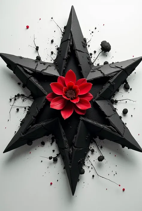 Create a broken star that goes backwards and in the middle is a small red flower and the rest is black and white 