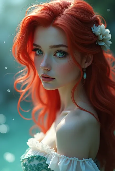 Ariel, woman with long red hair like ruby ,  Eyes blue like the sea and skin as white as snow in winter.  As if it were a porcelain doll  