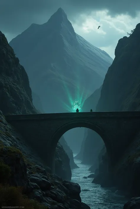 I want to make a sign where there is a Roman bridge, a crystal gem ,  a kite and a mountain range . Dark environment, , terror.