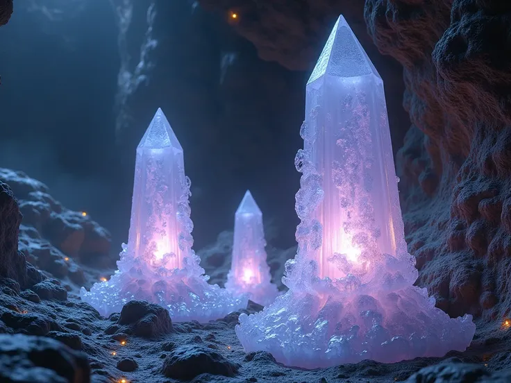 Create an image of Cryoforms, semi-translucent crystalline entities found in the subterranean depths of the high-gravity planet Zyphorion. These alien lifeforms stand between 1 and 2 meters tall and are composed of solidified plasma-like material that glow...