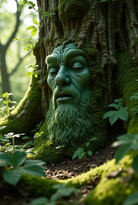 A hyper-realistic, intricately detailed photographic rendering of the Green Man from Celtic mythology, natural forest scene, detailed bark texture, emerald green leaves, mossy stone, sunbeam lighting, dramatic shadows, photorealistic, 8K, best quality, mas...