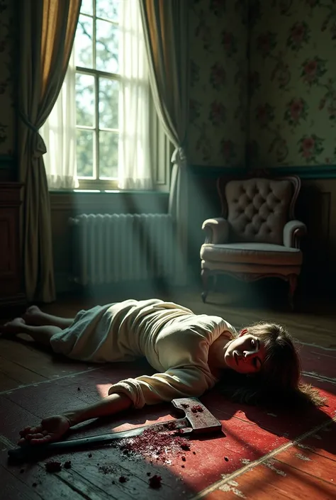  a middle-aged woman ,  fallen face down in a room with antique floral wallpaper.  A bloodstained axe rests next to the body .  Sunlight comes through the curtains , But the weather is tense and bleak .