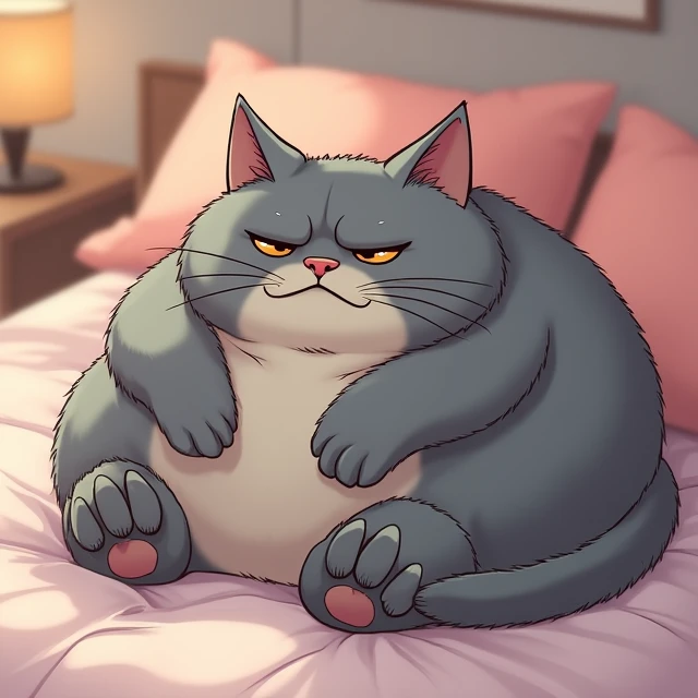 A fuzzy gray manly cat that looks bad even when lying down sluggishly， bed,（ anime style），（ Pastel Color ），