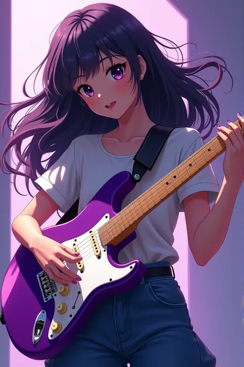 Anime girl with long hair playing a Squier Stratocaster Sonic purple guitar. 