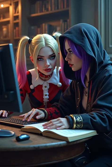 Harley Quinn using the computer and Raven reading a book 