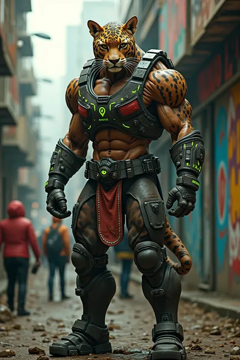 Imagine Mexico as a fierce, half-human, half-jaguar figure with a muscular, battle-ready body, the head of a powerful jaguar, and tribal war paint streaked across its face. Wearing rugged, tactical armor with neon green and red accents, this figure stands ...