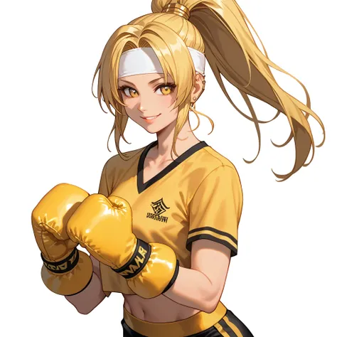 - A stylized anime female character with long blonde hair tied in a high ponytail, featuring shiny details that reflect light. - Sportswear inspired by Muay Thai, including a yellow top with black tiger-stripe patterns and black shorts with golden details,...