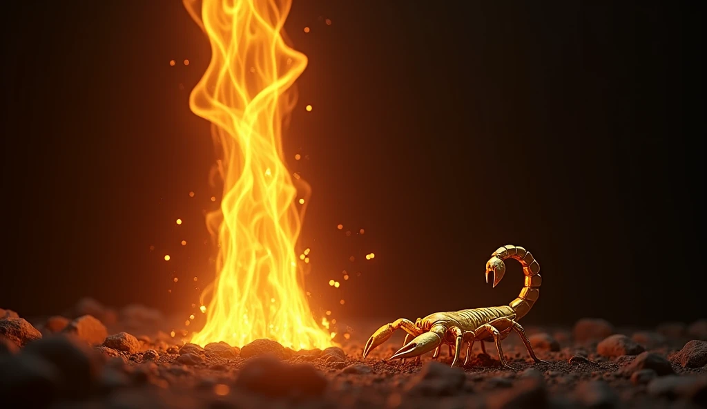 Very black background and flames standing vertically and coming in width and there is a scorpion on the right side in gold. The scorpion is gold in color and the fire seems to be flying