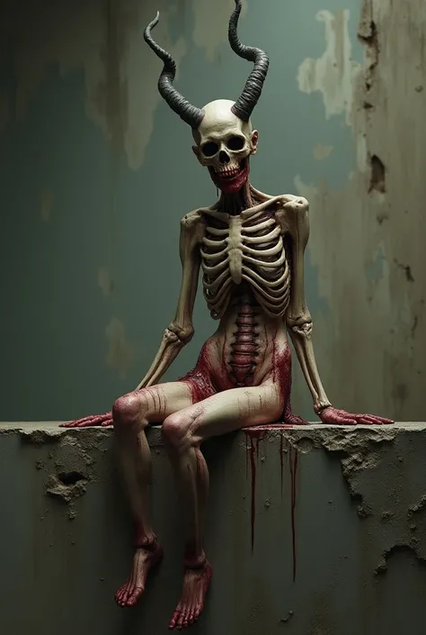 A tall woman sitting on a wall ,  half brown and with the body only bone and flesh between the bones, bleeding a lot ,  and large, perched horns  