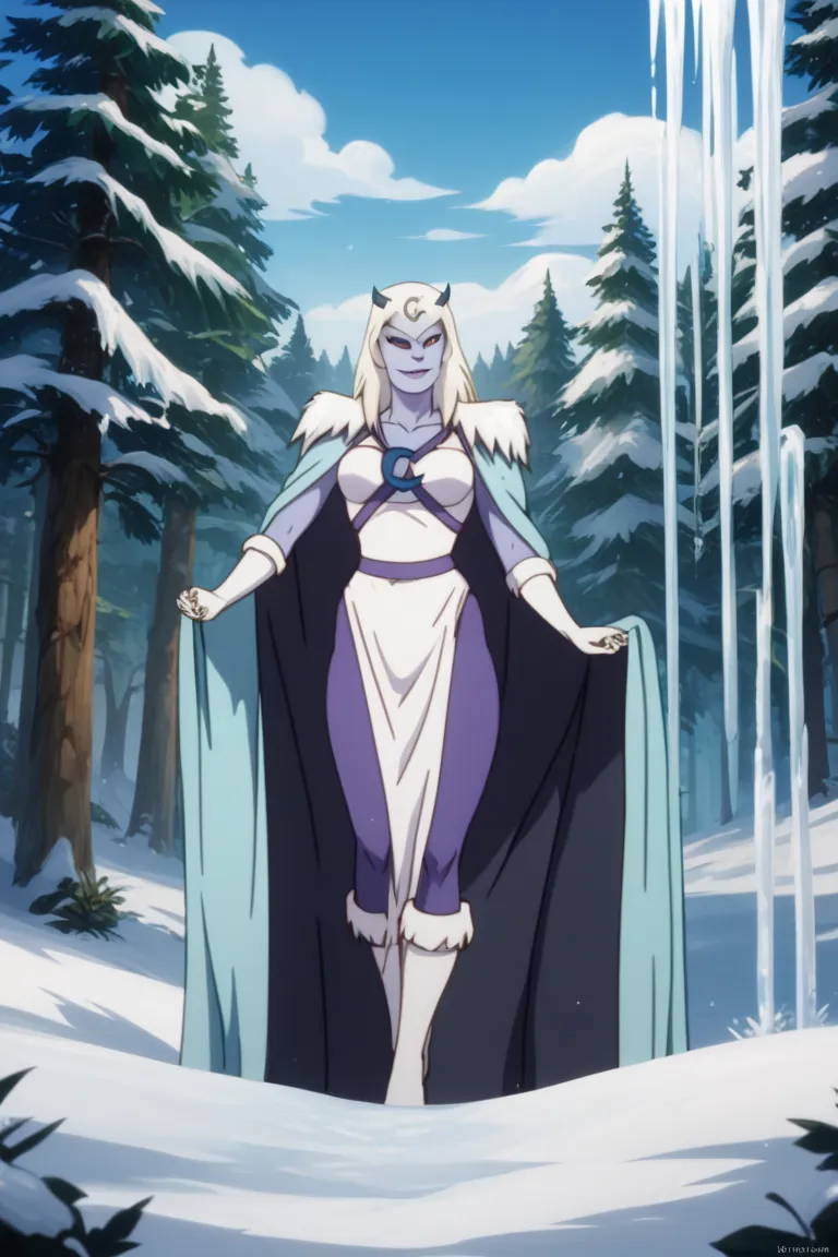 chilla, thundercats, icicles, standing, cape, smile, colored skin, white hair, long hair, solo, snow, forest, standing the bridg...