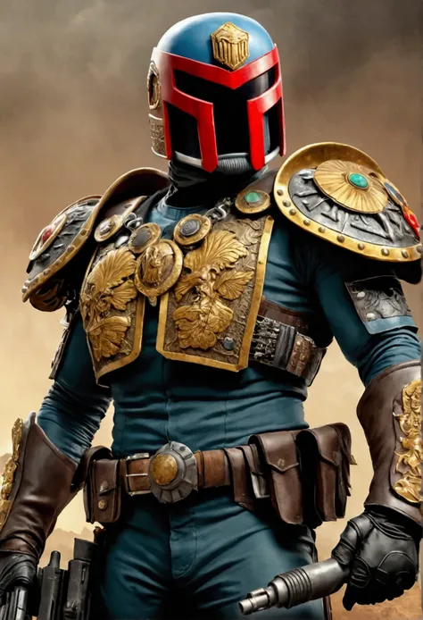 Comics judge dredd in a cowboy themed armor and helmet, big badge, huge gun