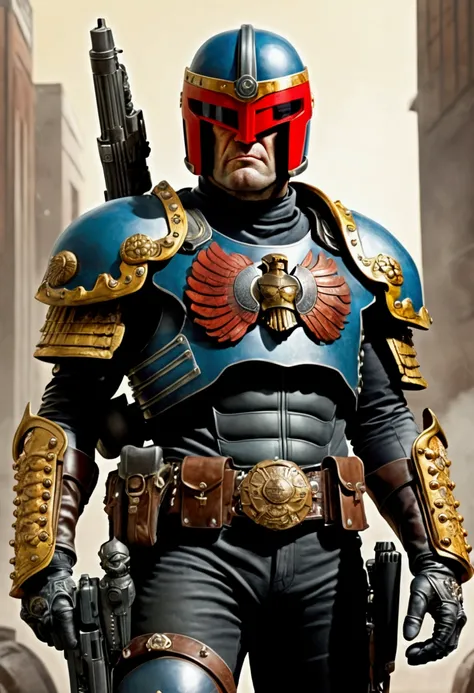 Comics judge dredd in a cowboy themed armor and helmet, big badge, huge gun