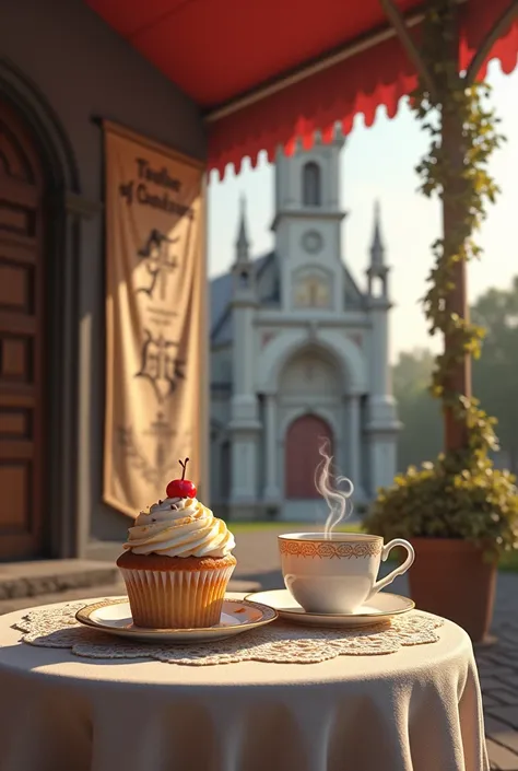 (Photorealism) a picture of creamy cupcake and vaporized cup of Coffee on a well decorated table under a canopy outside a Catholic Church with a banner engraved on it “Youths of Christ The King Parish Idenau”.