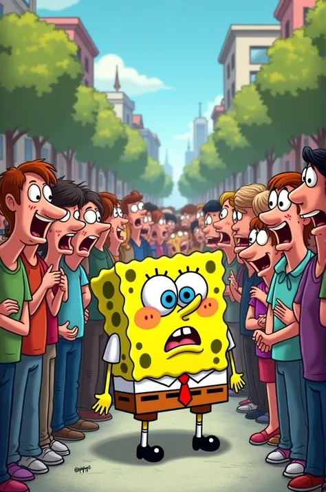 ,,A cartoon-style image of a
crowd of people laughing at a
skinny SpongeBob standing in
the middle of them, in a public
place like a street or park. The
people look shocked and
amused, while SpongeBob
looks sad and embarrassed."