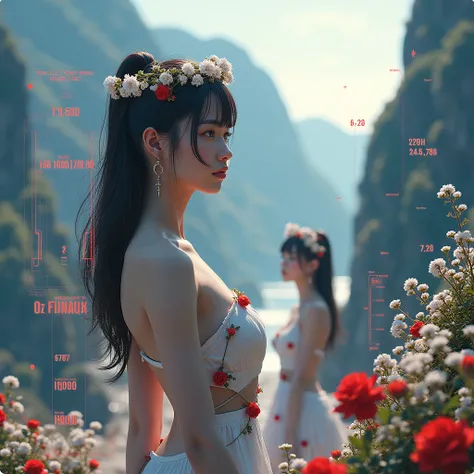 Cliff Hanging Scenery seen through HUD, Combined various scales are Displayed, red large letters says "We Love SeaArt Infinity!".   (XLabs F.1 Realism LoRA V1), Babys Breath, Extremely Detailed many NOGIZAKA Girls Standing FullBody, Beautiful Reflective Ey...