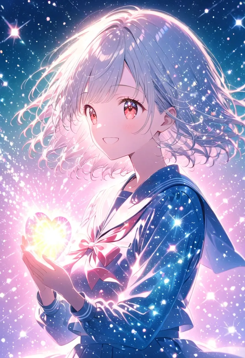 ((Ultra Glitter ))、pastel、Glowing Picture  , One Woman , upper body, cowboy shots,Glitter Effect,heart,ピンクのheart, see here,smile, sailor suit,White Hair,Red eyes　happiness, a scene from the movie , Best Moments Seen from a Distance Green Background