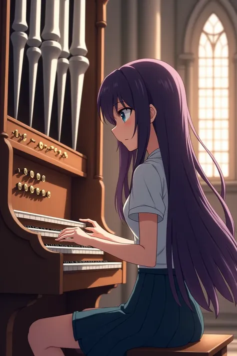 1:1 size photo. Anime girl with long dark purple hair, playing organ pipe. Side view 