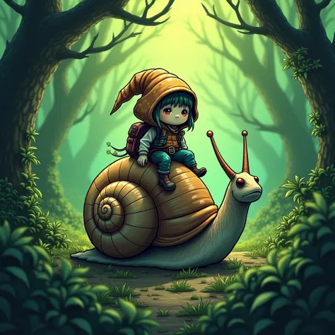 A colorful gnome with a biopunk look rides a snail through a green forest. The harsh lighting creates a horror and sketchy aesthetic. The gnomes clothing is clean and detailed, and the snails shell is highlighted by the lighting. The scene is ugly and sket...