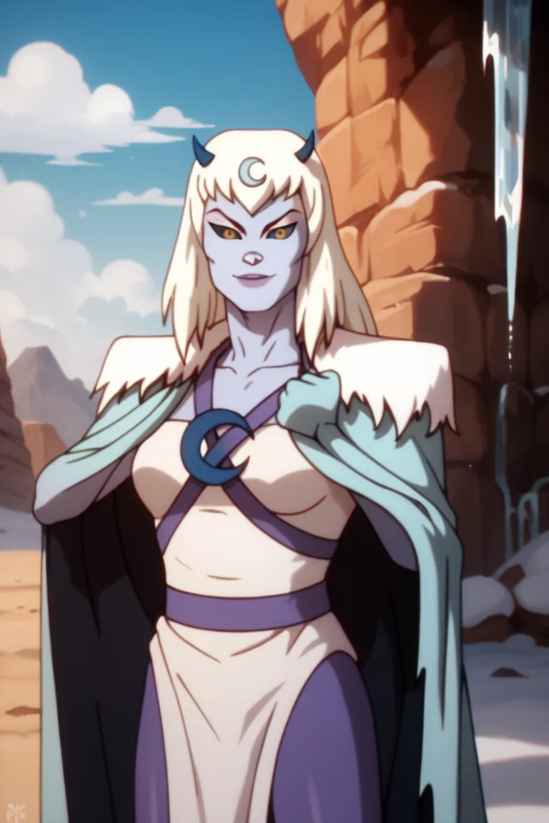 chilla, thundercats, icicles, standing, cape, smile, colored skin, white hair, long hair, solo, snow, desert, black sclera, cape covered her body, yellow eyes, Masterpiece, High Resolution, Best Quality, 