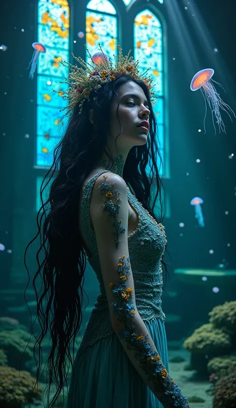 ((masterpiece)) ((photography)) ((Highest quality))  A mystical and enchanting scene set in an underwater cathedral, featuring a striking woman submerged in water. Her long, flowing hair is dark and ethereal, adorned with delicate aquatic flora and colorfu...