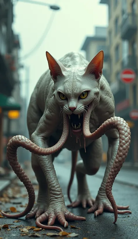 front view, disgusting mutant creature in the form of an octopus with a white Cats head, slippery slimy face, squid minions, walking on all fours on the edge of the city street during the day