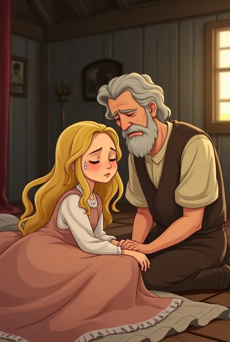  Cartoon of a blonde peasant woman with long hair and eyes closed , And her father kneeling at the bedside with his eyes closed crying 