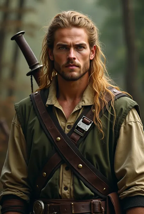 man, between 19 and 26 years old , long golden blond hair, golden skin,  green eyes with amber . strong. Wearing green and brown medieval style hunting clothes with a 2-knife boldriê. 
