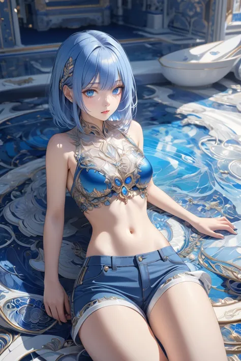 woman, short blue hair,bright blue eyes , detailed background, every detail is rendered in superb detail, perfect composition, masterpiece, best quality, 8k, ultra-detailed, very clear, perfect anatomy, detailed eyes, crop top, blue skirt
