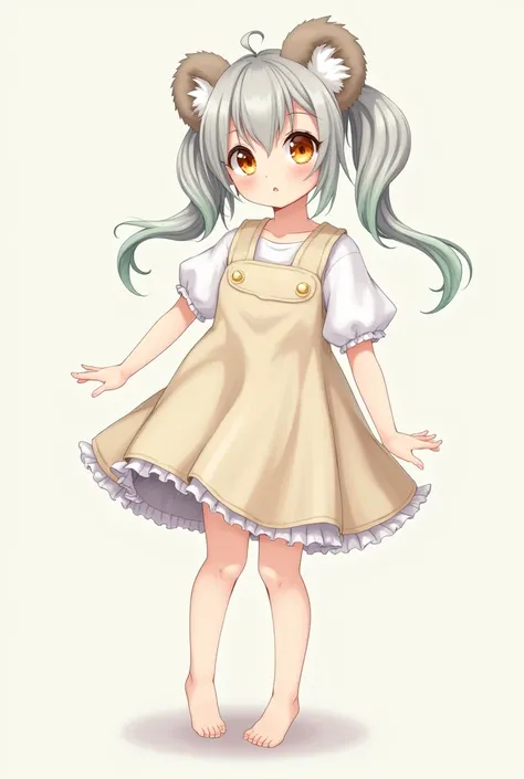 Koala, anime girl, koala ear, twin tail, grey hair, light green highlight, casual dress, full body design, orange eyes