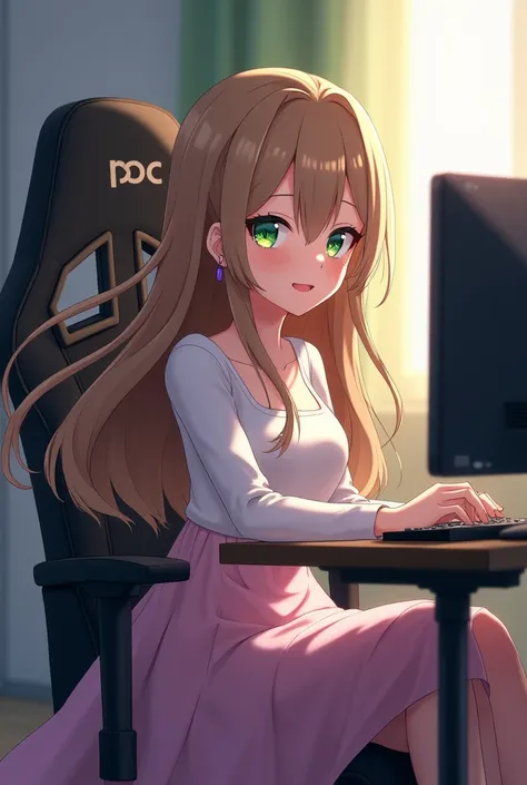 1, charming green eyes ,  long, smooth light brown hair, flowing skirt, Short,  wearing a purple earplug ,  girl sitting in a gamer chair 