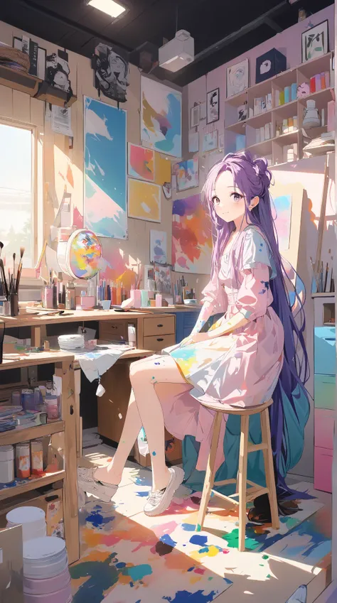 1 girl, ( cute face),  long hair, to many hairstyle,  Art Style Outfits , Palettes and Brushes ,  Creative Vibes ,  Pottery skin ,  small breasts, break, Inside the studio, ( bright light:1.2),  Artistic Atmosphere , break,  Coloured Paints ,  Inspired Exp...