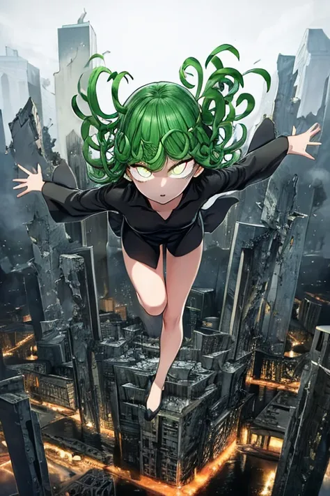 tatsumaki, floating, glowing eyes, destroyed city background