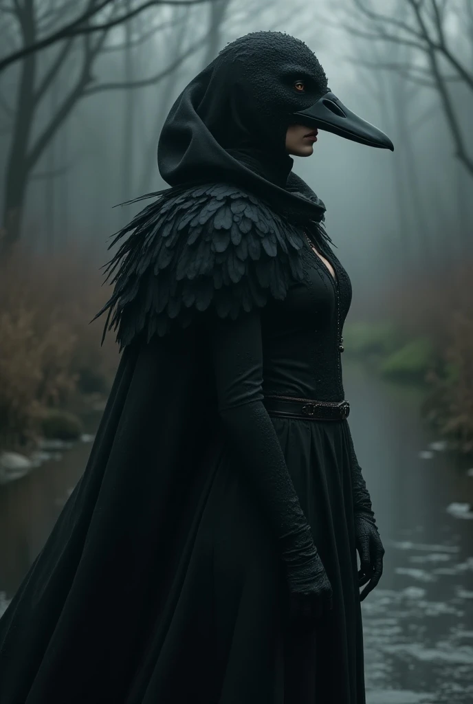 Create a woman dressed as a Dark duck
