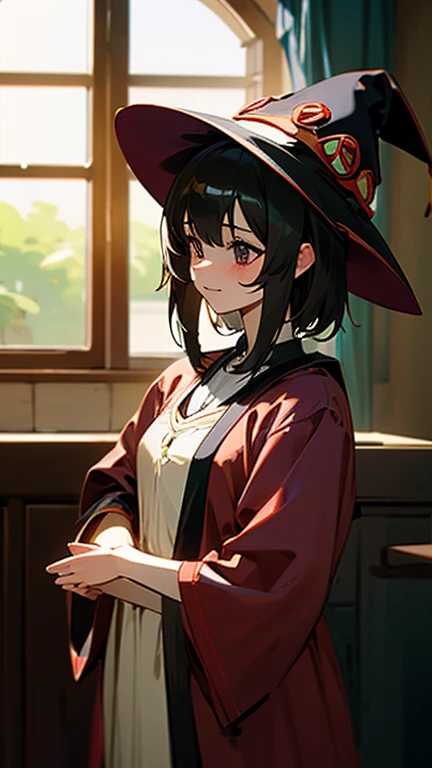 Red Triangular Hat 　 A Girl Wearing a Western Robe , Occupation is a Wizard 　  elaborate digital illustration,  Beautiful Artwork Illustrations,  amazing digital illustration、 Megumin appearing in Konosuba 　 Realistic Worldview of a Blessing to This Wonder...