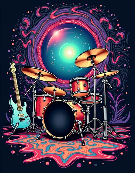 A psychedelic music-themed design with swirling patterns, bright neon colors, and vintage musical instruments like a guitar or drum set. The design should have a retro, groovy vibe with a strong 60s and 70s influence, perfect for a vibrant t-shirt.