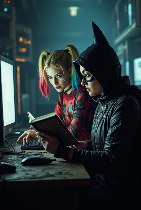 Harley Quinn messing with the computer and Ravena reading book 